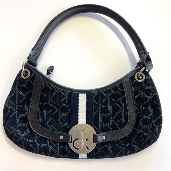 Vintage Y2K Calvin Klein Black Mini Monogram Suede Shoulder Baguette Bag Purse - Picture 2 of 9